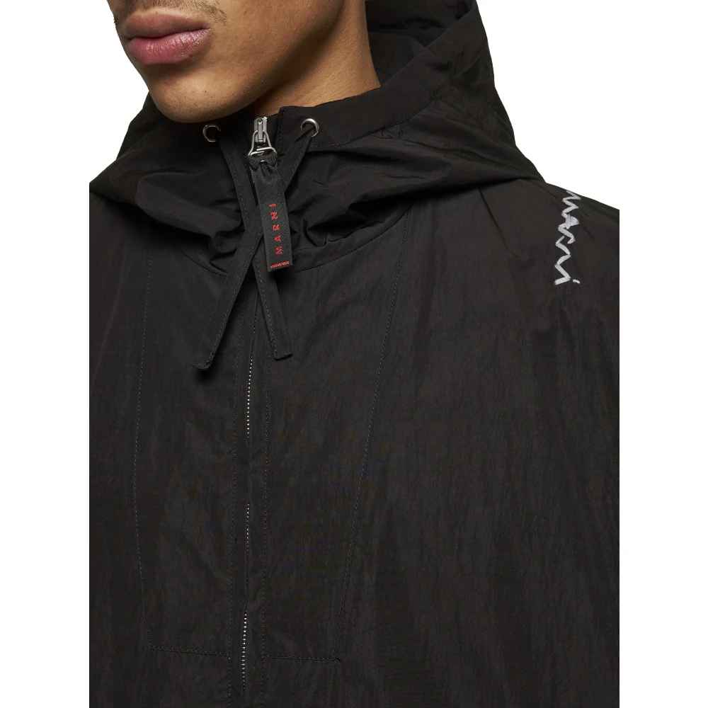 Marni Zwarte Capuchonjas met Trekkoord en Gerimpeld Effect Black Heren