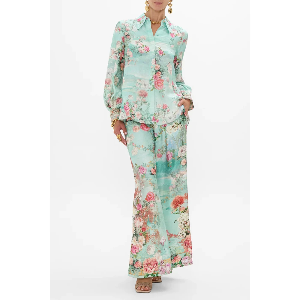 Camilla Zijden blouse met gebogen kraag en kristalversiering Blue Dames
