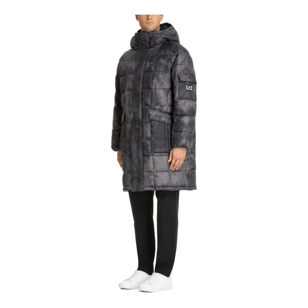Emporio Armani EA7 Abstracte gewatteerde jas met capuchon en klittenband- en ritssluiting Black Heren
