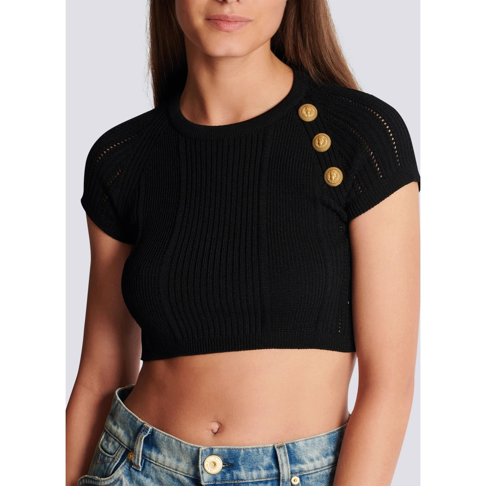 Balmain Fijngebreide top met 3 knopen Black Dames