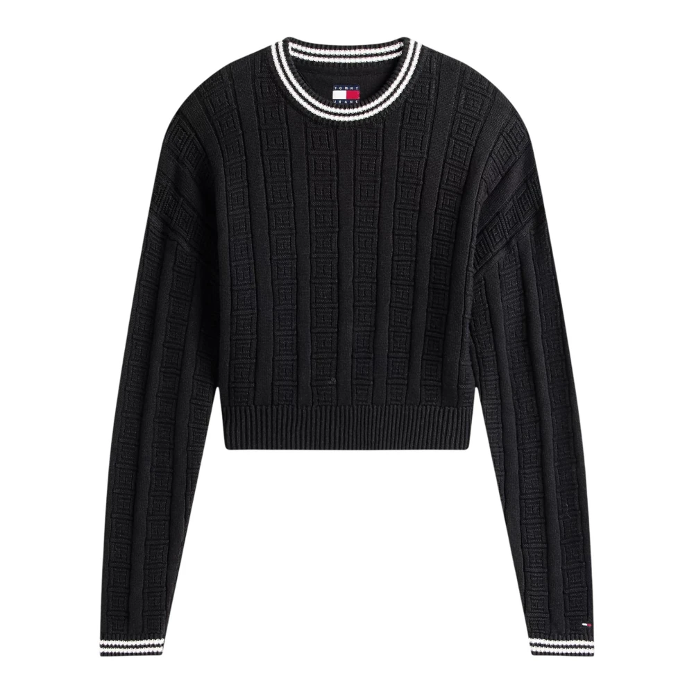 Tommy Jeans Women's Black Round-Neck Knitwear, L, Flag Cable Knit Relaxed Jumper