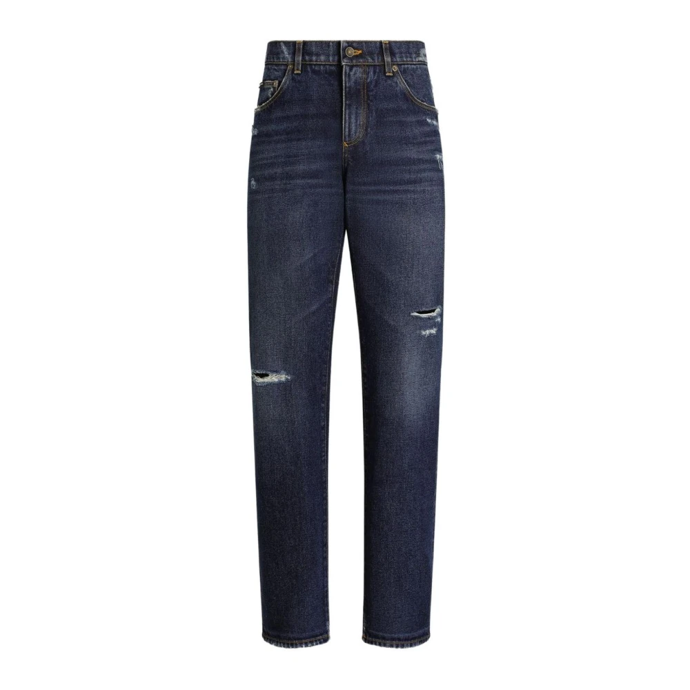 Dolce & Gabbana Blue Distressed Straight Leg Denim Jeans - Male - Straight Fit Jeans - L - Jeans