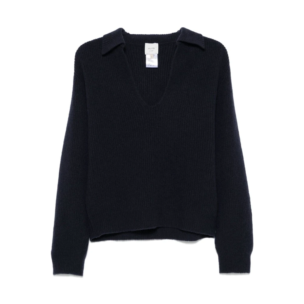 Alysi Zachte Merinowol V-Hals Polo Sweater Blue Dames