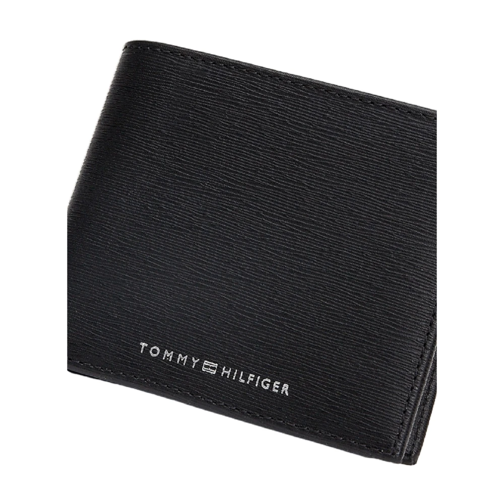 Tommy Hilfiger Zwarte Leren Portemonnee Bifold Gehamerd Afwerking Black Heren