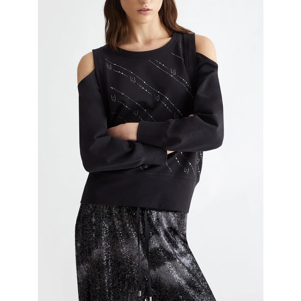 Liu Jo Zwarte Katoenen Stretch Sweatshirt met Strass Black Dames
