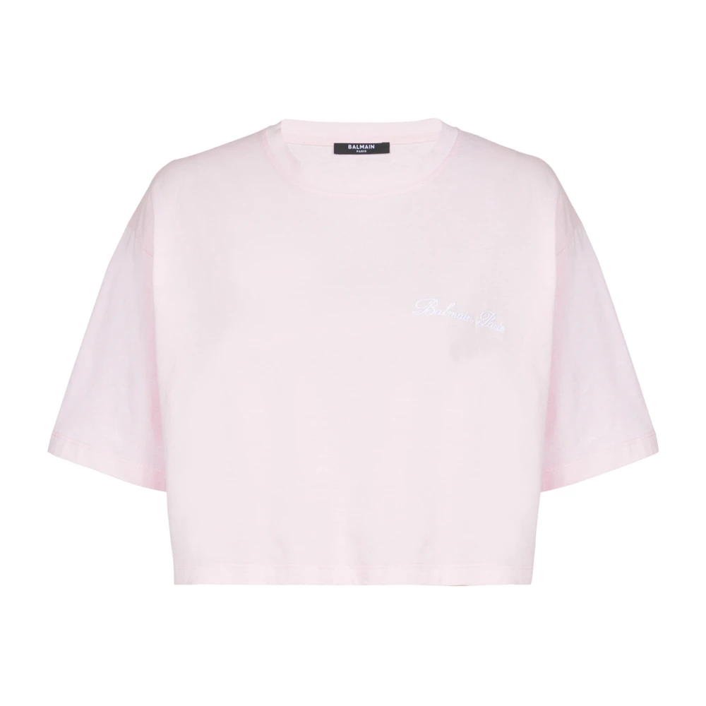 Balmain T-shirt met handtekeningborduurwerk Pink Dames