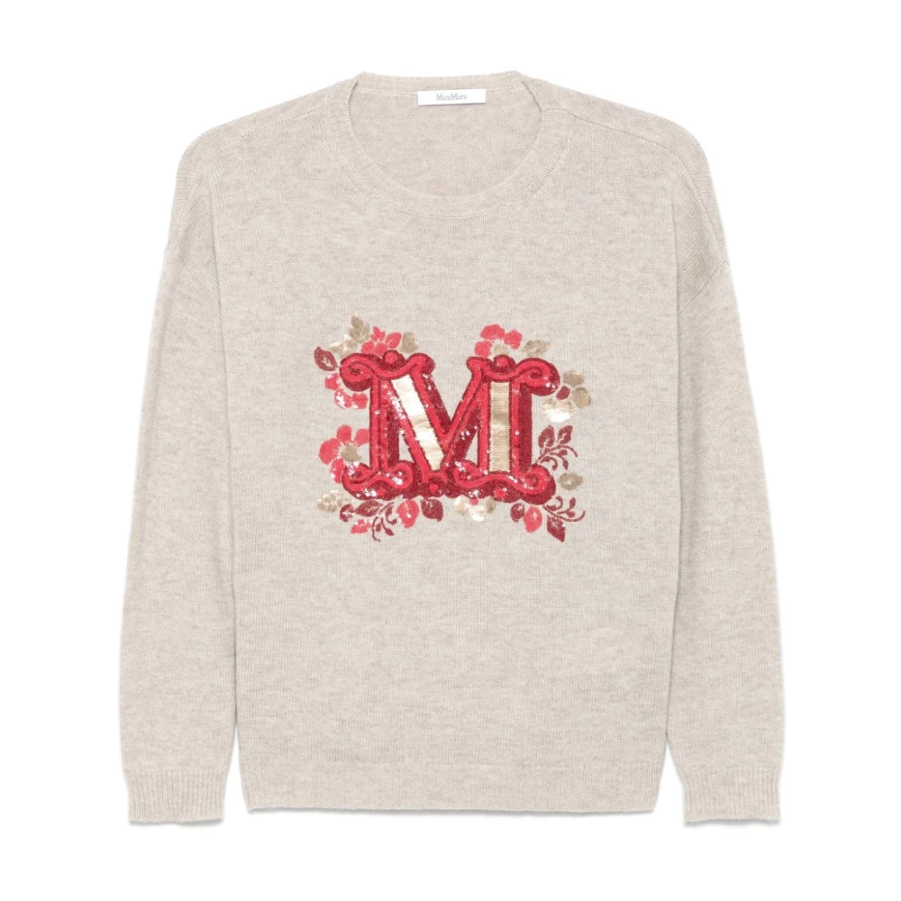 Max Mara Paillet Beige Trui Geribbelde Ronde Hals Beige Dames