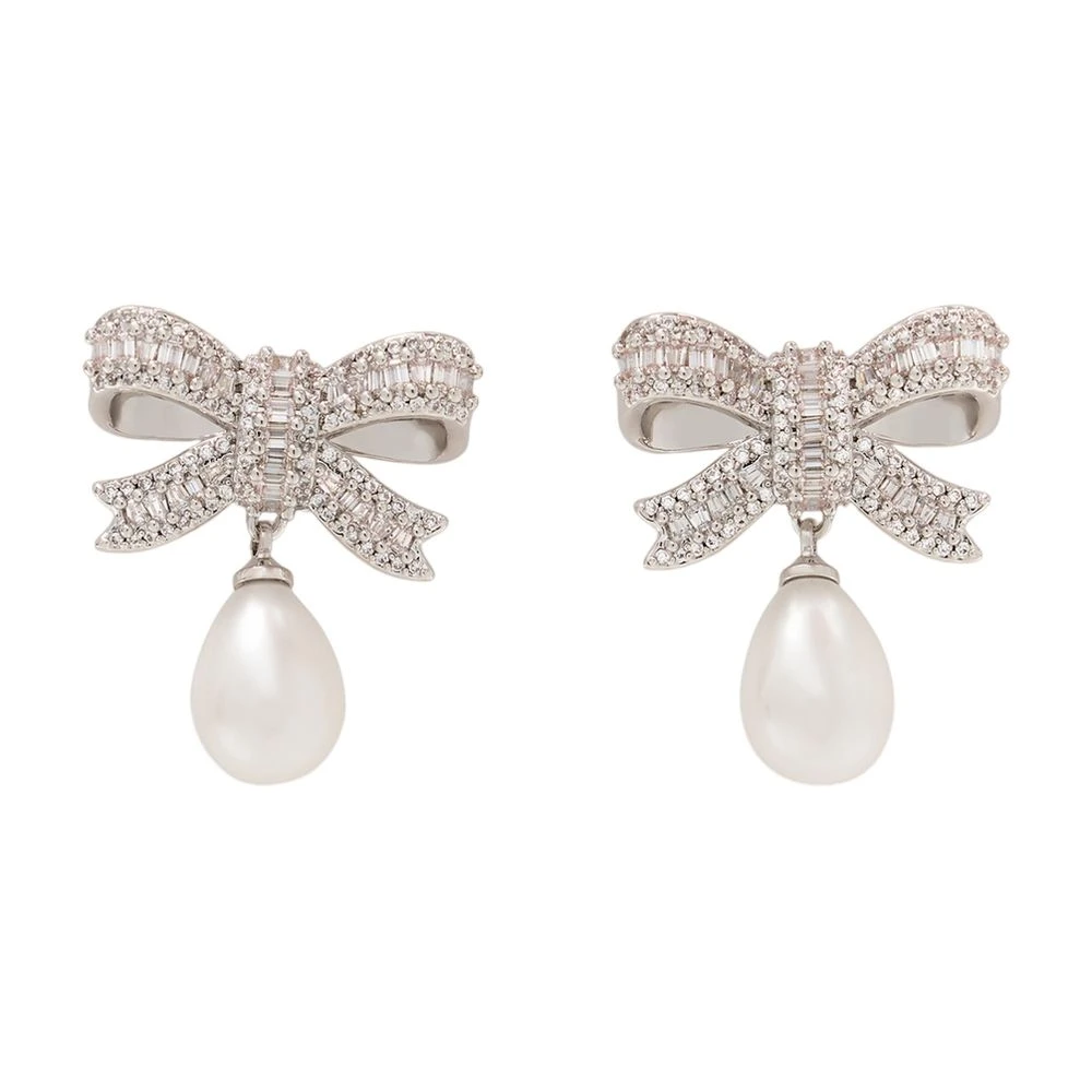 Self Portrait Women's Gray Crystal Bow Pearl Droplet Earrings