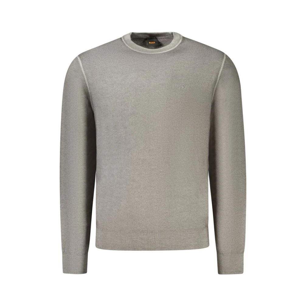Hugo Boss Men's Gray Round-Neck Knitwear,, Luxurious Wool Jumper With Embroidery Small