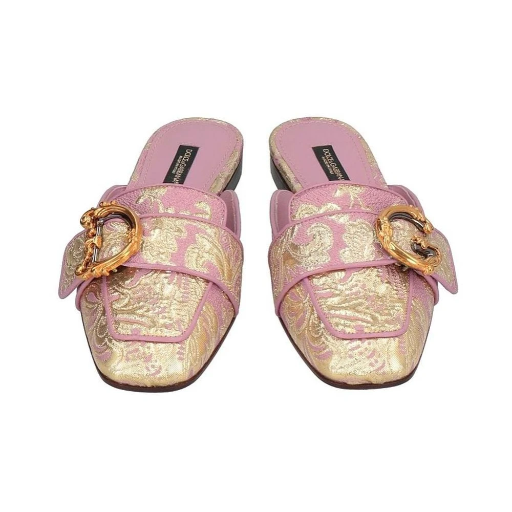 Dolce & Gabbana Gouden Draad Geborduurde Leren Sandaal Pink Dames