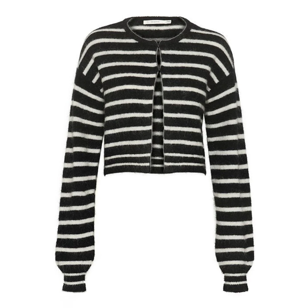Gestuz Black Cardigans, Female, M, Striped Short Cardigan - /White