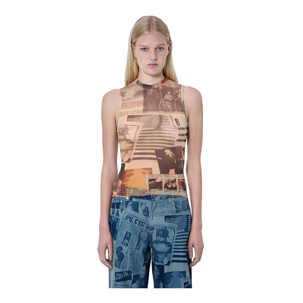 Jean Paul Gaultier Kvinno Multicolor Toppar Dam, Xs, Linne, Mesh Printed Journal Tank Top