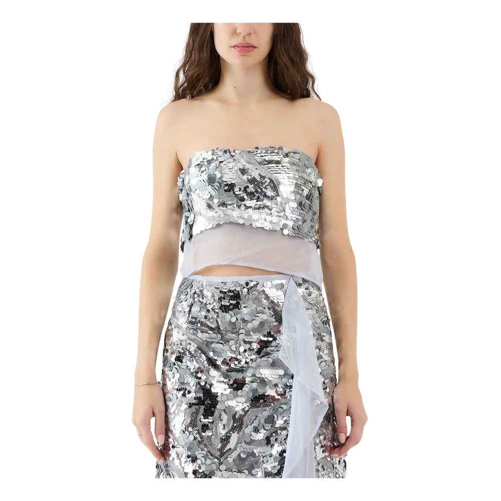 Sabina Musayev Pailletten en tule crop top Gray Dames