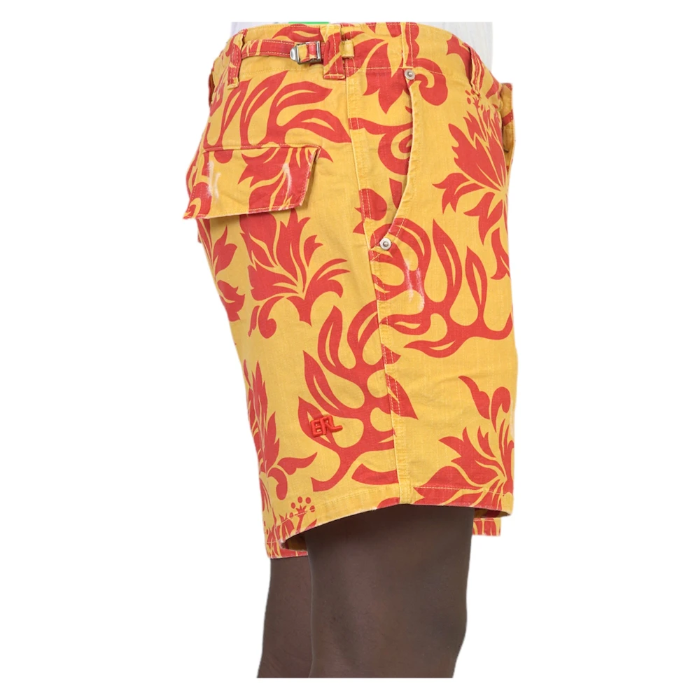 ERL Tropische Bloemen Bedrukte Denim Shorts Yellow Heren