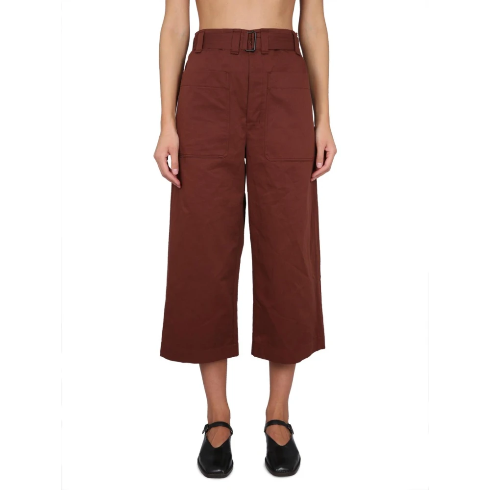 Lemaire Donna Marrone Pantaloni Utility A Gamba Larga E Vita Alta Tagliati