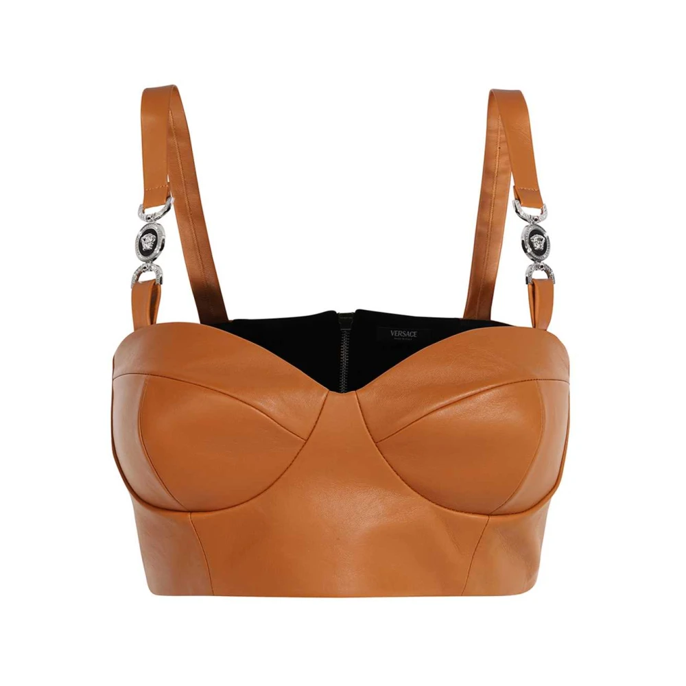 Versace Leren Top met Zichtbare Stiksels Brown Dames