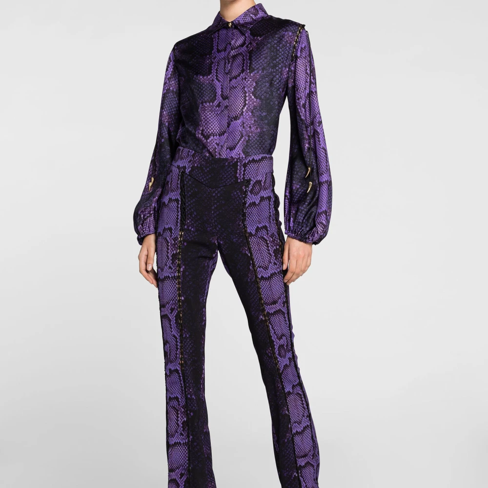 Roberto Cavalli Python-Print Lace-Up Zijden Shirt Purple Dames