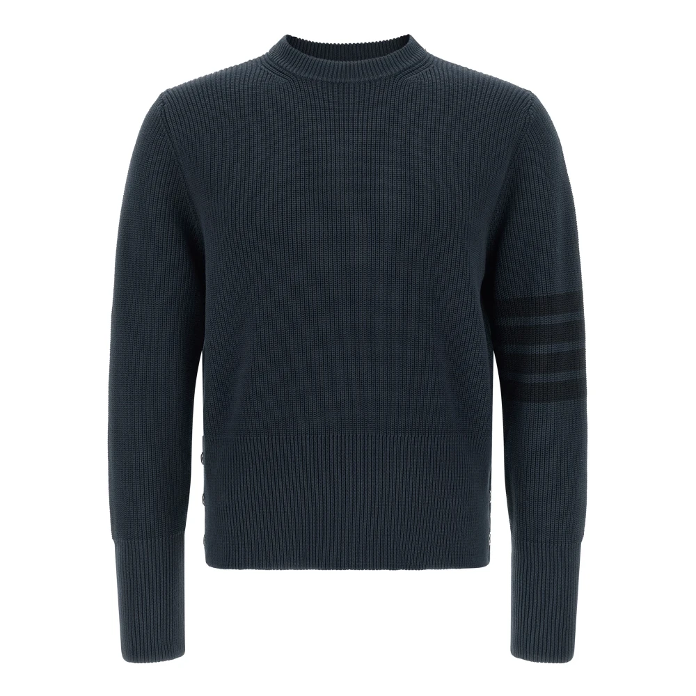 Thom Browne Men's Blue Round-Neck Knitwear, L, Cotton Cardigan Stitch 4-Bar Pullover