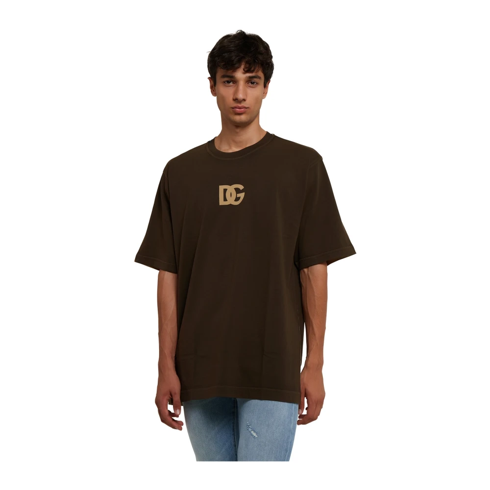 Dolce & Gabbana Katoenen T-Shirt met DG Logo Brown Heren