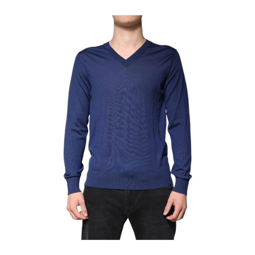 Dolce & Gabbana Navy Blauwe Cashmere V-Hals Trui Blue Heren
