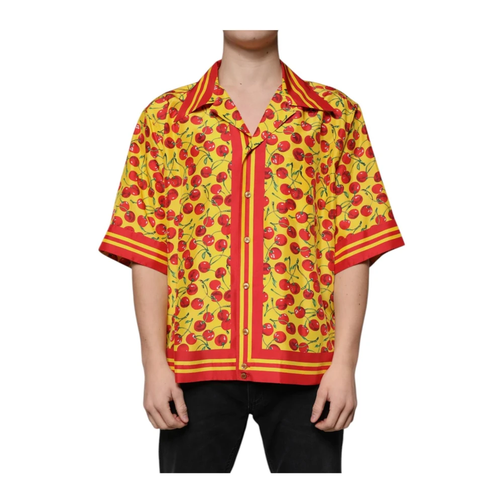 Dolce & Gabbana Multicolor Short Sleeve Shirts, Male, 3XL, Cherry Print Silk Button Down Shirt
