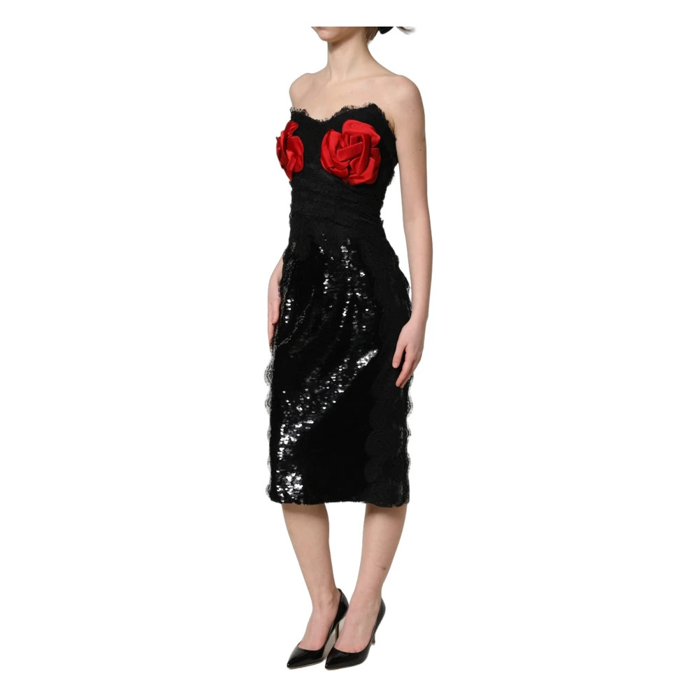 Dolce & Gabbana , Party Dresses, Female, Black, Xs, Strapless Rose Sequined Midi Dress - Image 2