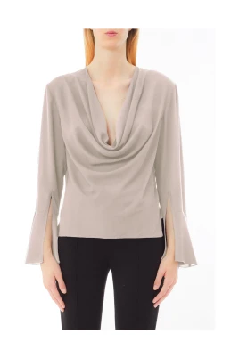 Elegant Beige Georgette Blus med V-ringning