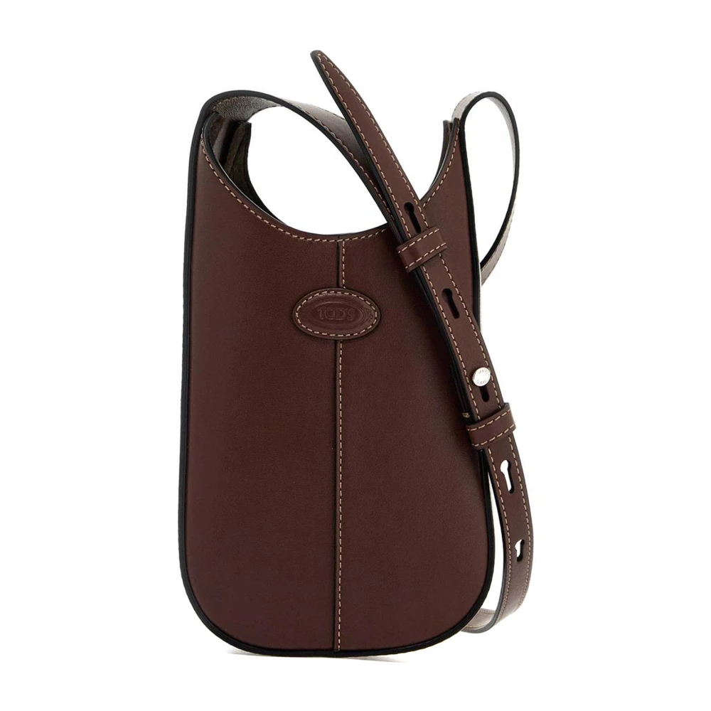 TOD'S Geribbelde Ovale Leren Hobo Handtas Brown Dames