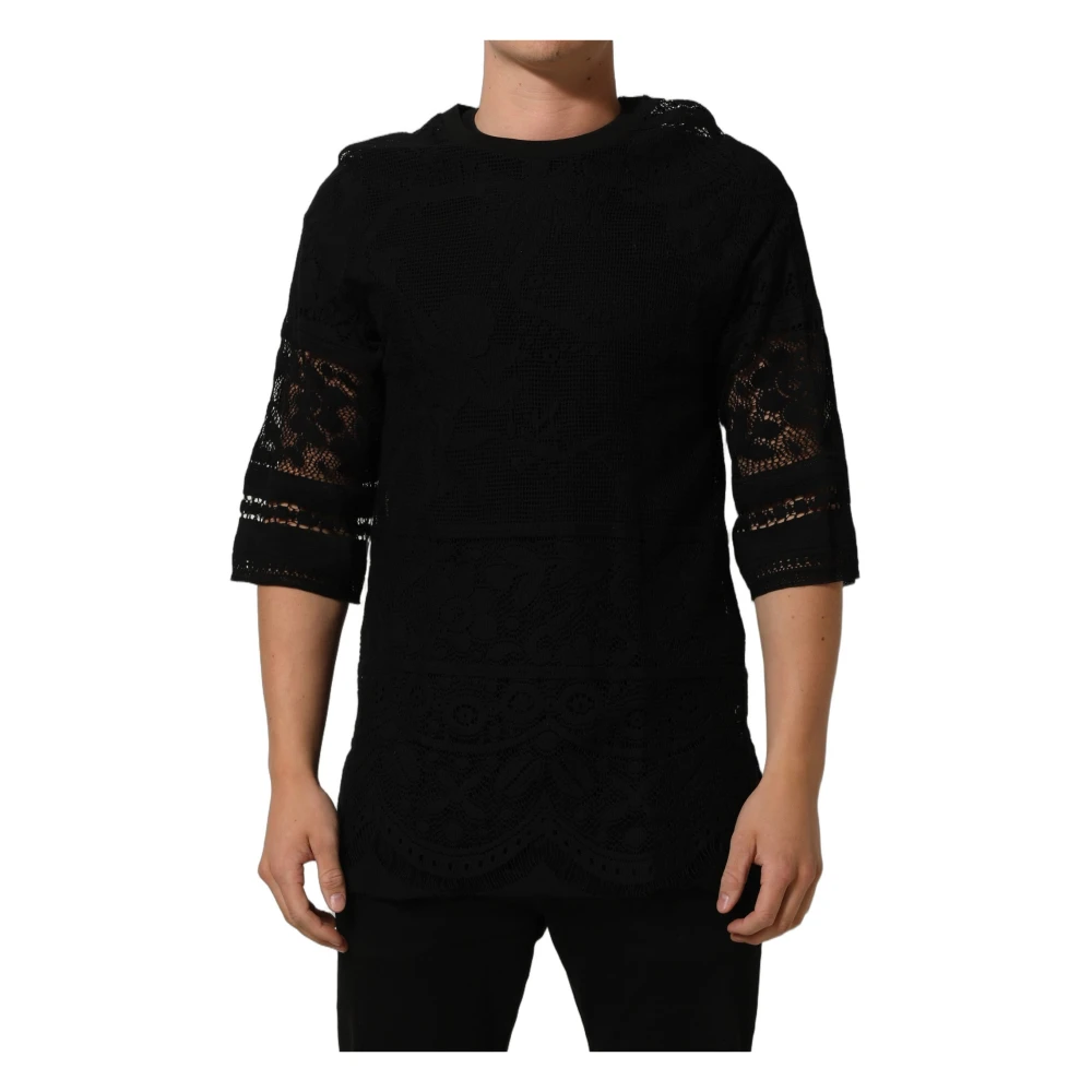 Dolce & Gabbana Black T-Shirts, Male, L, Floral Lace Crew Neck T-Shirt