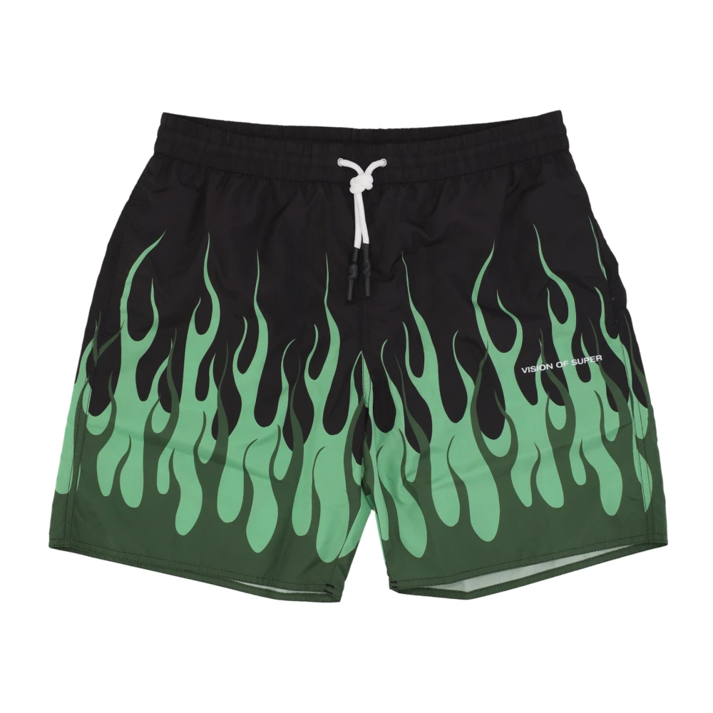 Vision Of Super Men's Multicolor Flames Swim Shorts Black/Green - Beachwear - Xl - Swimwear