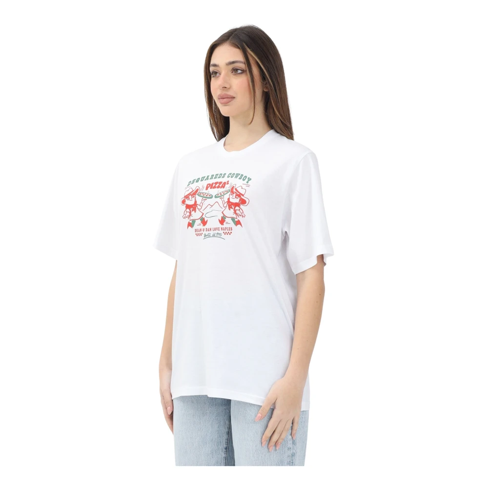 Dsquared2 Cowboy Pizza Grafische Wit T-shirt White Dames
