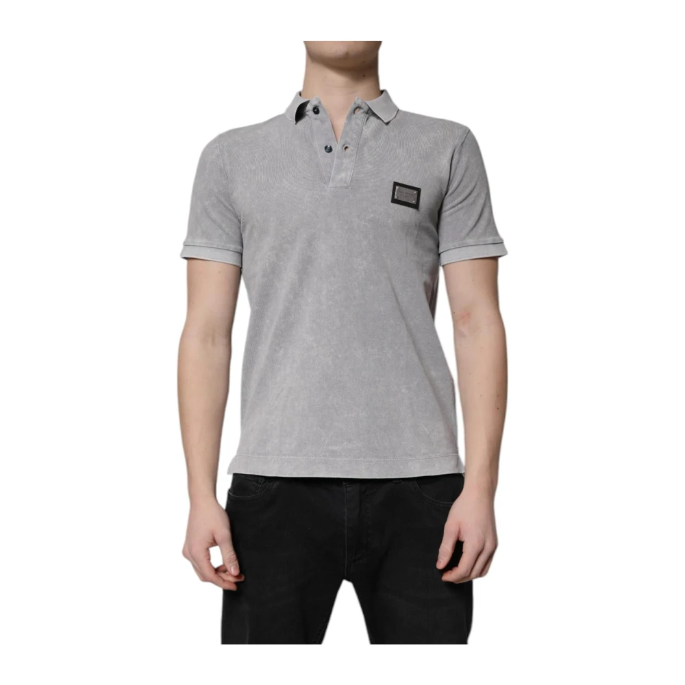 Dolce & Gabbana Men's Gray Polo Shirts,, Logo Plaque Cotton Polo Shirt Small