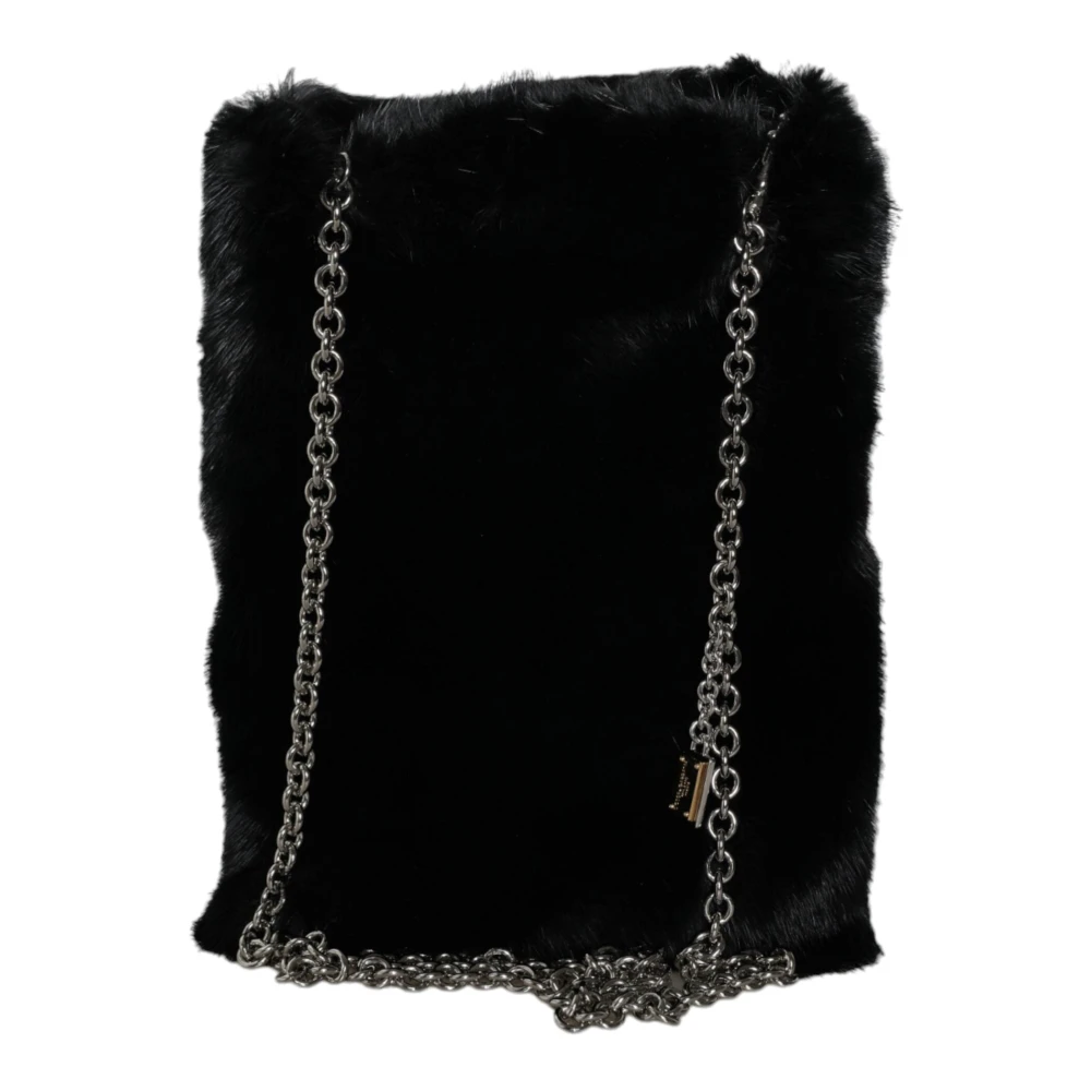 Dolce & Gabbana Zwarte Nepbont Zilveren Ketting Crossbody Handtas Black Dames