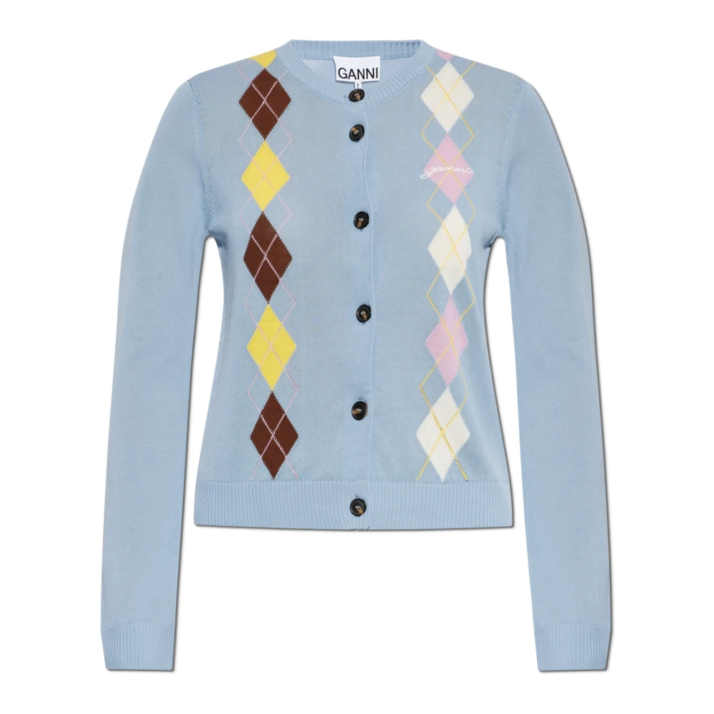 Ganni , Cardigans, Female, Blue, S, Light Cotton Argyle Cardigan
