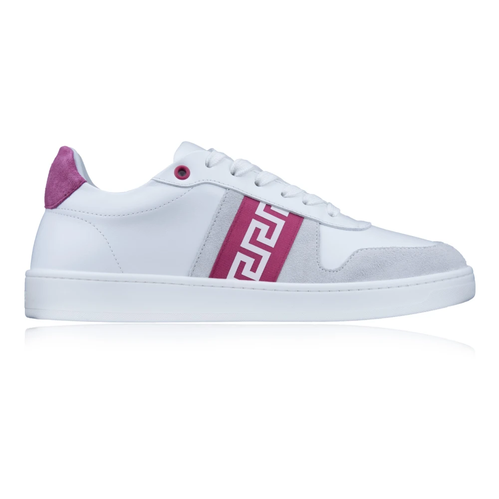 Versace Women's White Sneakers,, Leather Lace-Up Trainers With Greek Motif Size 4 Uk