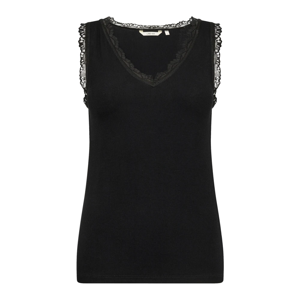 Cream Vrouw Zwart E V-Hals Top Met Kanten Details