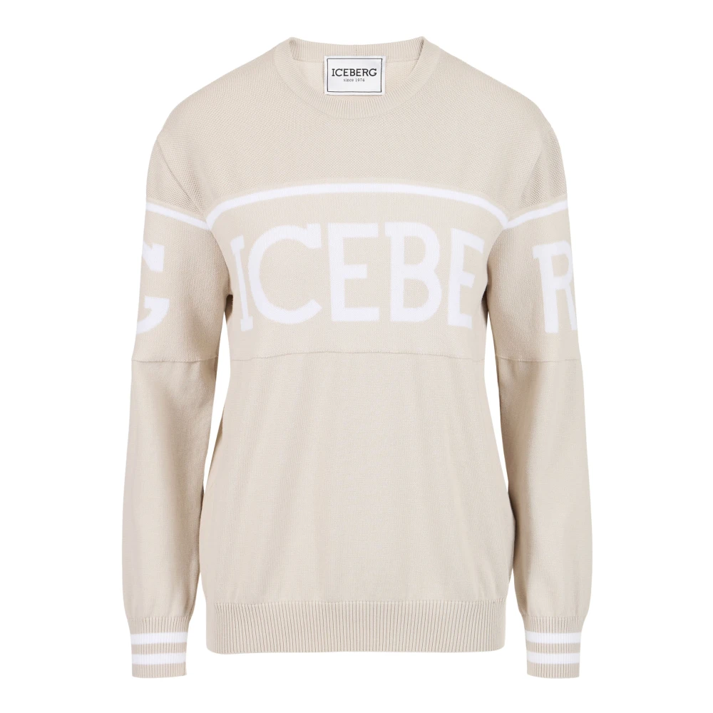 Iceberg Ijskleurige carry-over ronde hals in katoen met jacquard logostreep Beige Dames