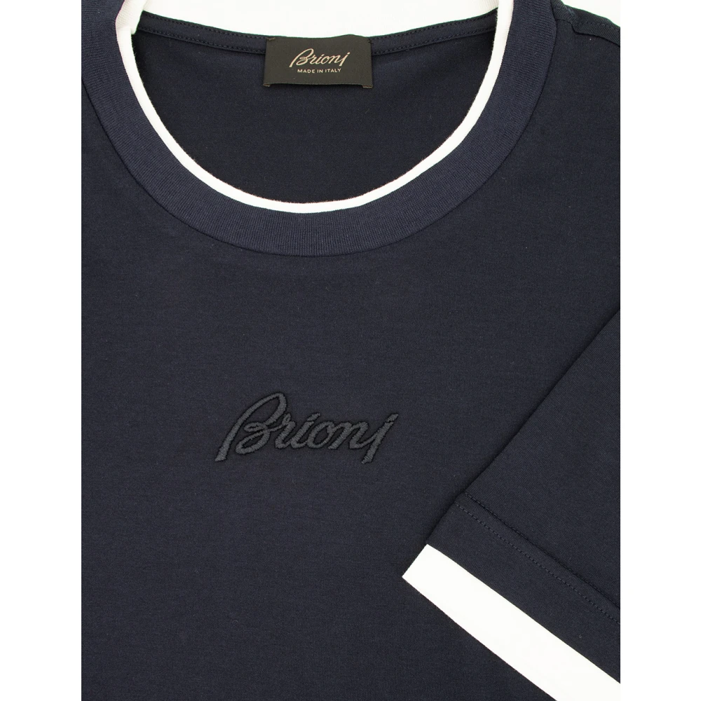Brioni Navy Wit Geborduurd T-Shirt Blue Heren