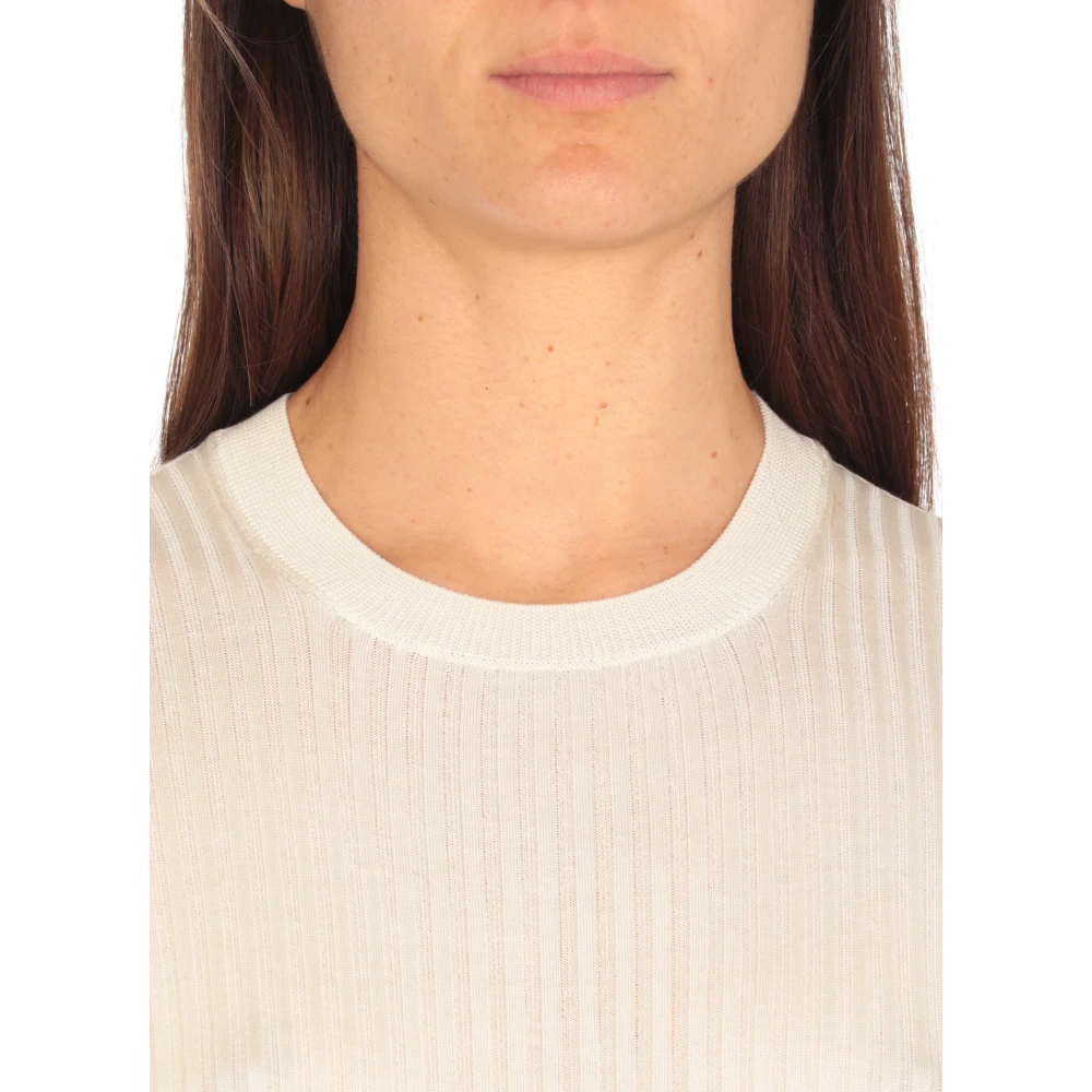 Jil Sander Zijden Geribbeld T-shirt Ivoor Beige Dames