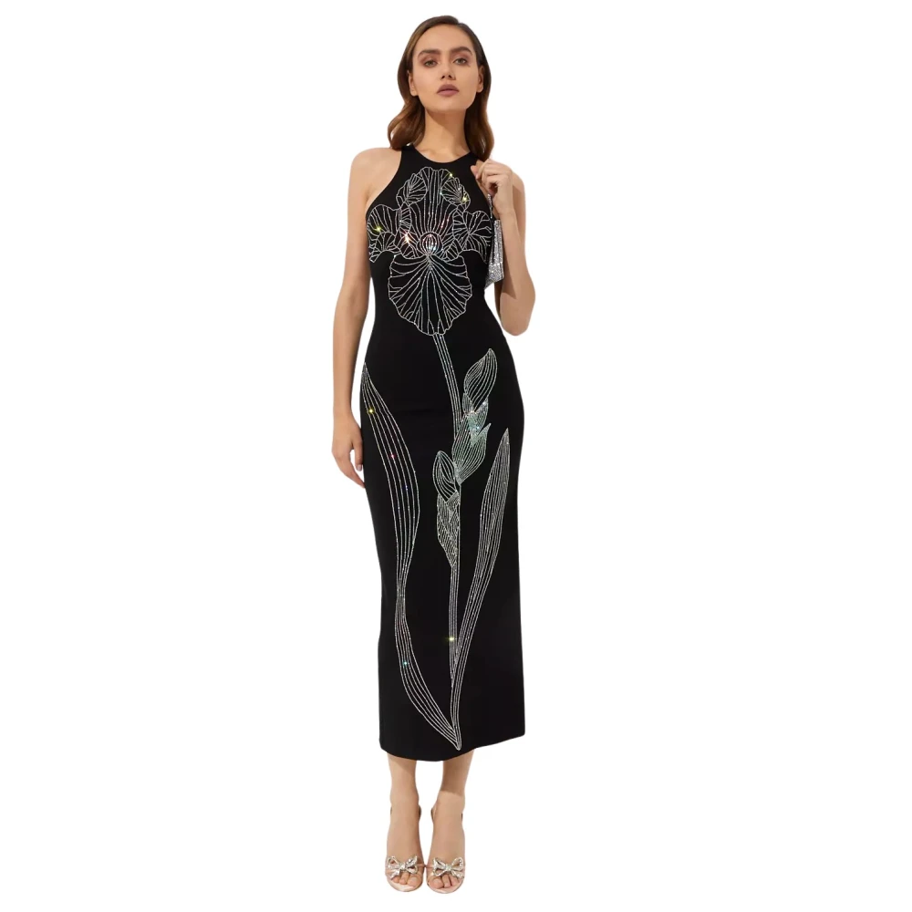 David Koma Zwarte Kristal Iris Patroon Jurk Black Dames