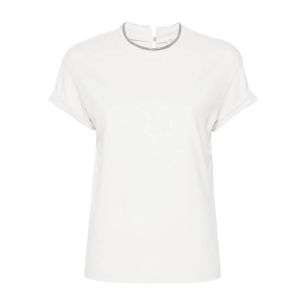 BRUNELLO CUCINELLI Witte T-shirt met strass versierde ronde hals White Dames