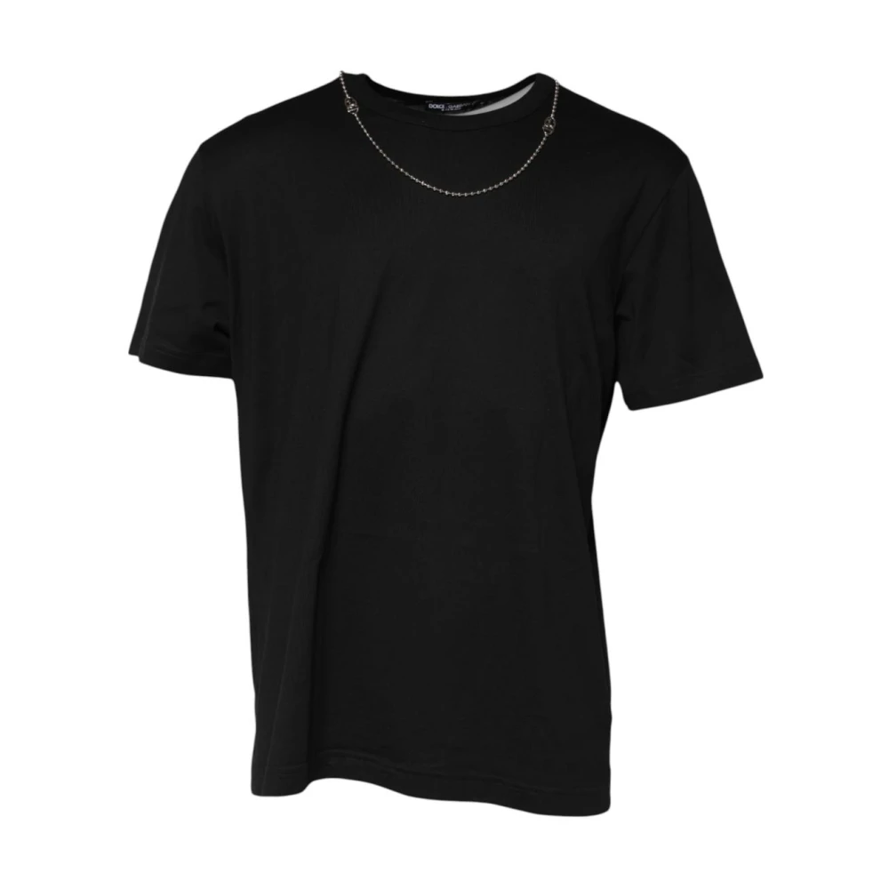 Dolce & Gabbana Herren Schwarz Silberne Kette Halskette Baumwoll T-Shirt