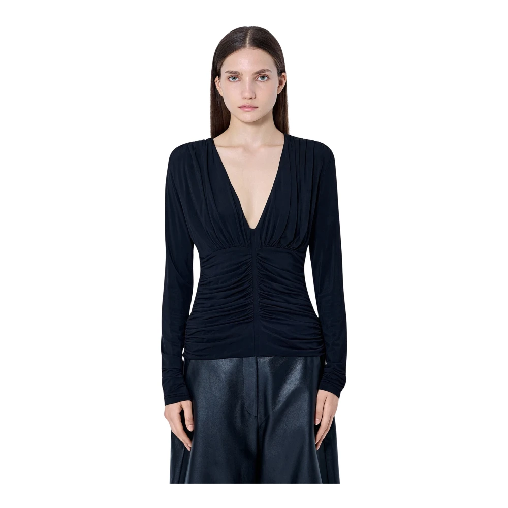 Sportmax , Long Sleeve T-Shirts, Female, Black, M, Ruched V-Neck Long Sleeve Top
