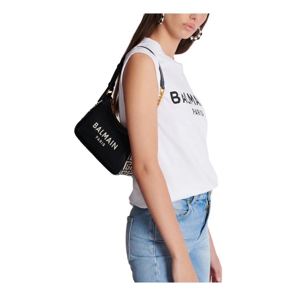 Balmain B-Army gemonogrammeerde canvas en gladleren handtas Black Dames