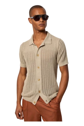 Beige Perforerad Stickad Polo Tröja