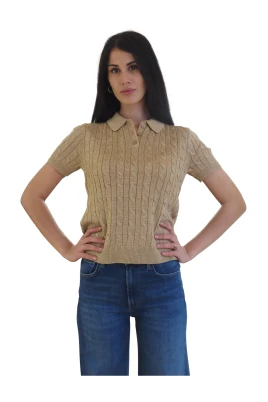 Metallic Cable-Knit Polo Sweater