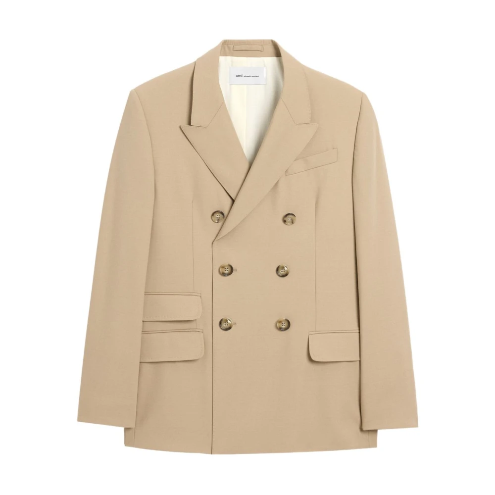 Ami Paris Men's Beige Blazers, L, Wool Double-Breasted Blazer