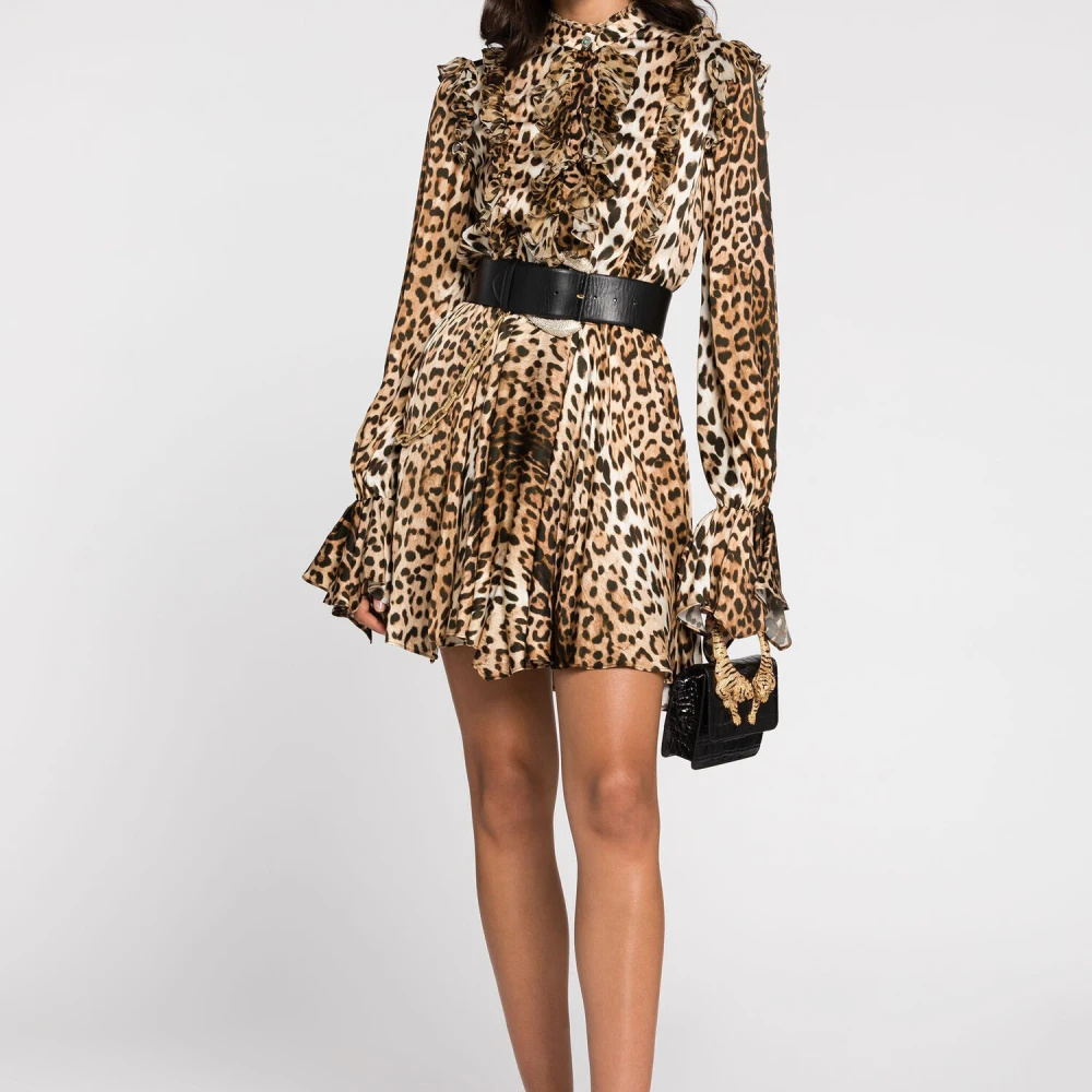 Roberto Cavalli Leopard-Print Gerimpelde Mini Jurk Brown Dames