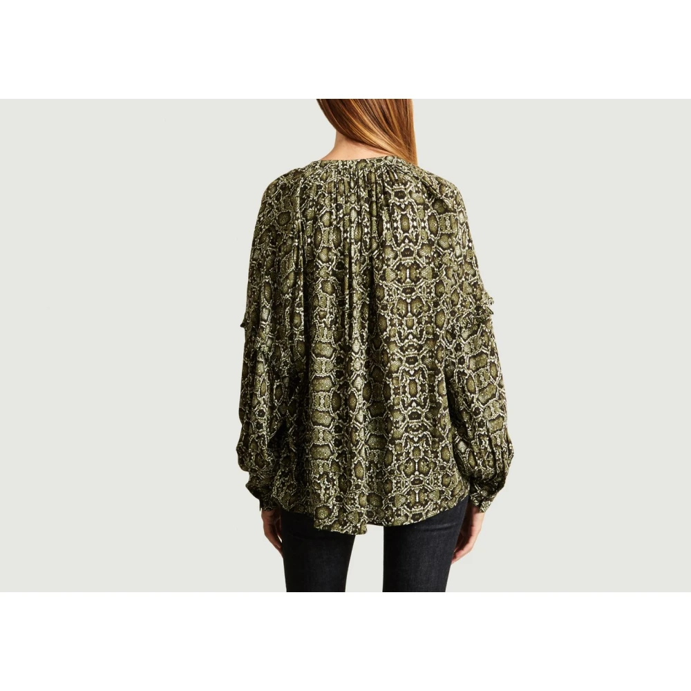 Essentiel Antwerp Khaki Snakeskin Blouse met Ruffle Mouwen Brown Dames