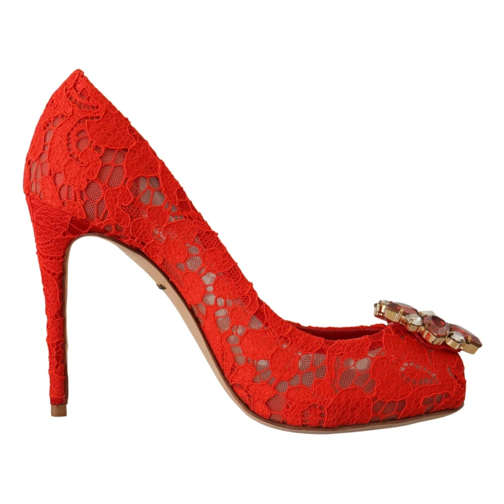 Dolce & Gabbana Women's Red Crystal Lace Heels Pumps